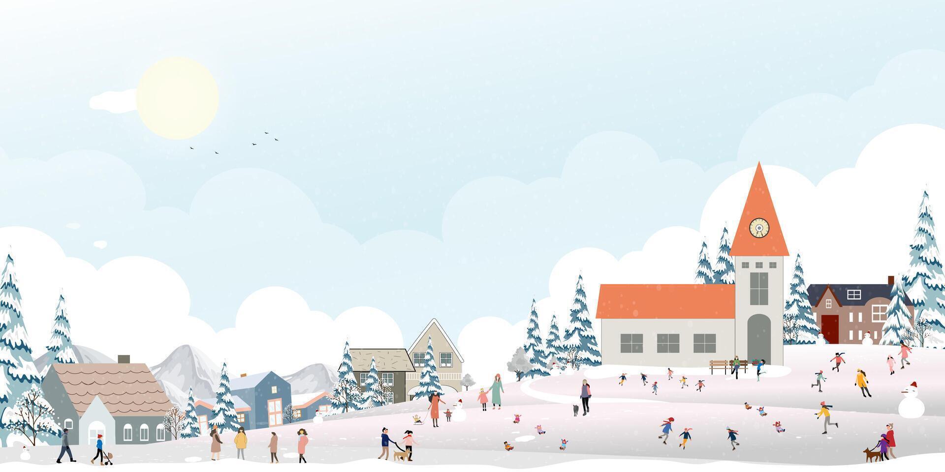 Christmas Background,Winter Village Landscape blue sky with snow on pine tree,house,Seamless Pattern City Night people celebration in the park, Xmas horizon banner Winter wonderland for kid room vector