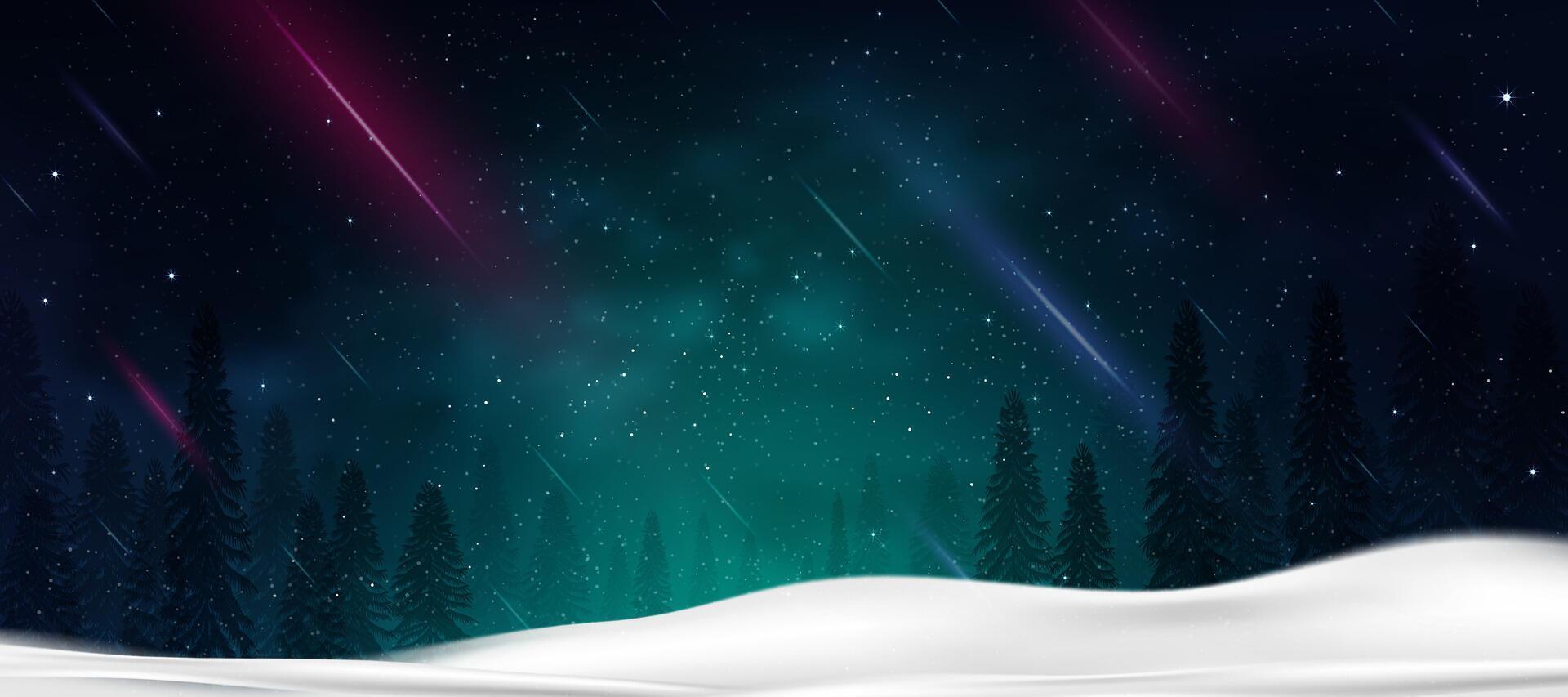 Christmas Background,Winter Night sky dark blue with starry,snowy in woodland landscape with firs,coniferous forest pine and falling snow, Banner for Xmas,New year holidays 2025 greeting card vector