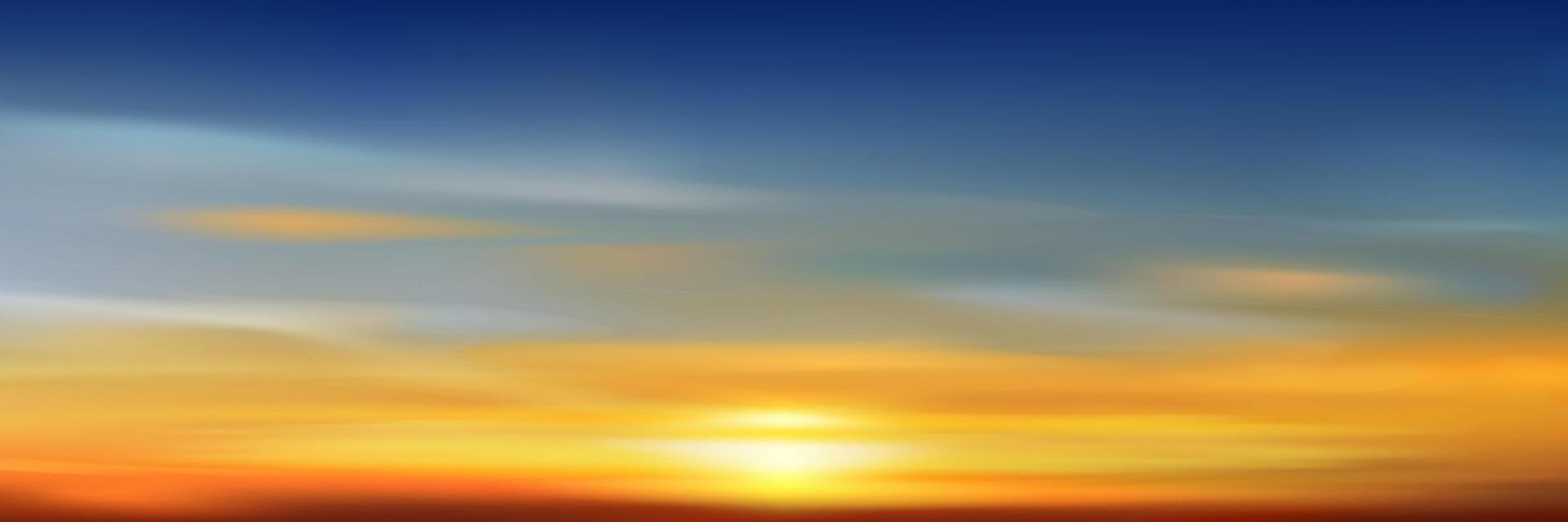 Sunset Sky,Cloud Background,Sunrise by Beach with OrangeYellow,Blue.Autumn Nature Landscape Dramatic Golden Hour with twilight Sky in Evening after Sundown, Horizon Banner Sunlight in Winter vector