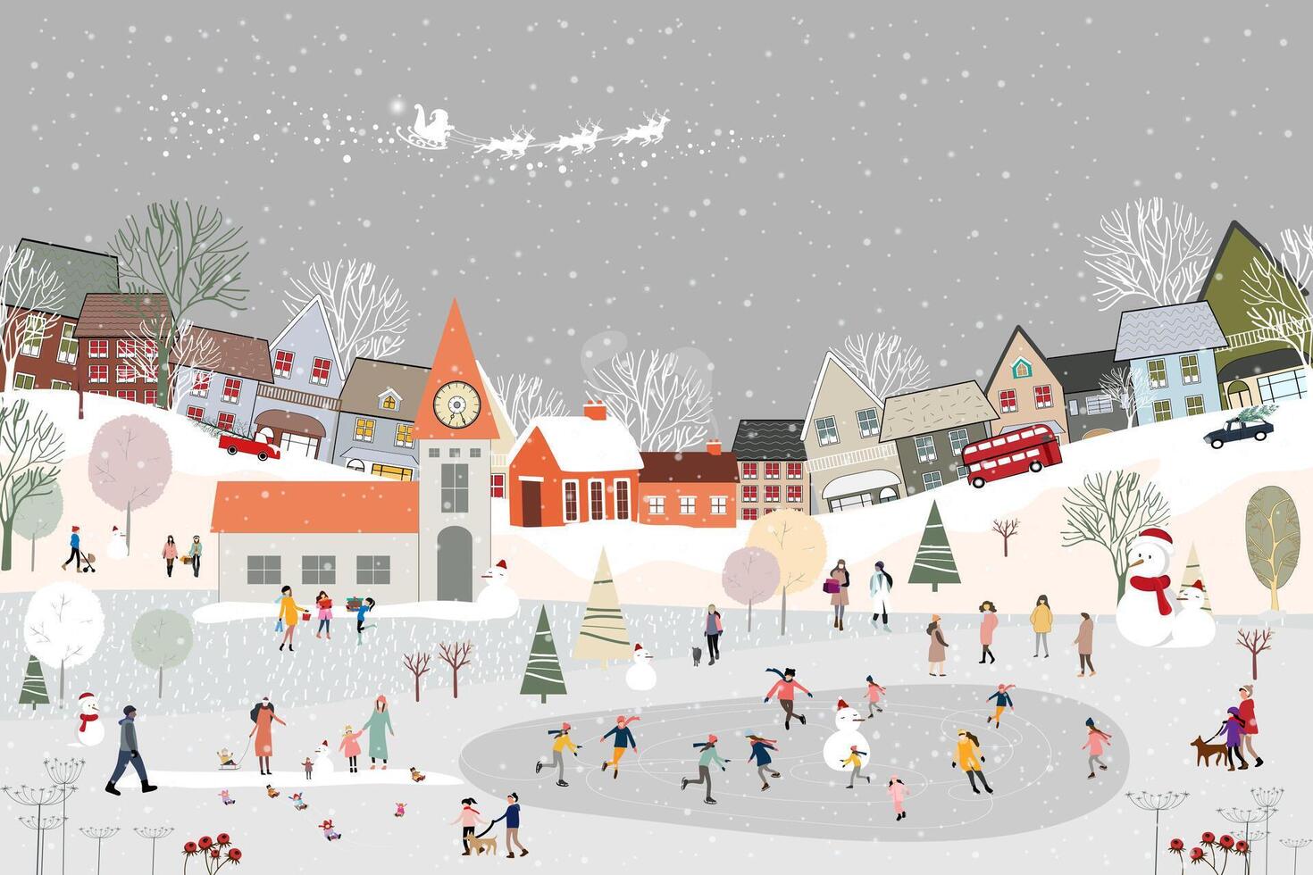 Winter Village landscape background,Celebrating Christmas, New Year 2025 City Night Sky with Snow people playing ice skate in the park, cute cartoon Xmas horizon winter wonderland in Xmas eve vector