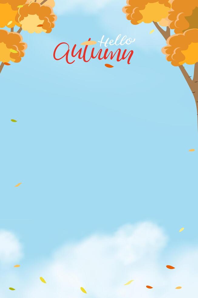 Sky Blue,Cloud Background,Autumn Trees with Fluffy cloudy and sunlight,Vertical Nature Landscape Scene for Thanksgiving Advertising, Template Platform banner for Fall Product Sale,Promotion vector