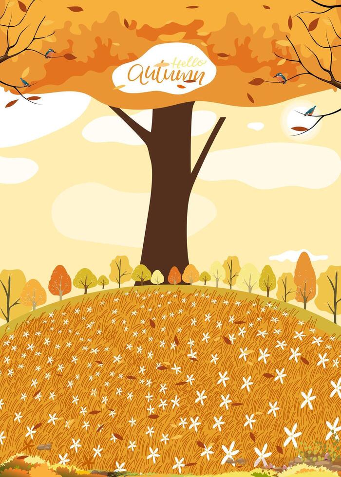 Autumn Background, cute cartoon Autumn rural landscape with cloud, yellow sunset sky,red,orange foliage,flower on hill,forest tree in village,Vertical Banner for Fall season Sale Promotion vector