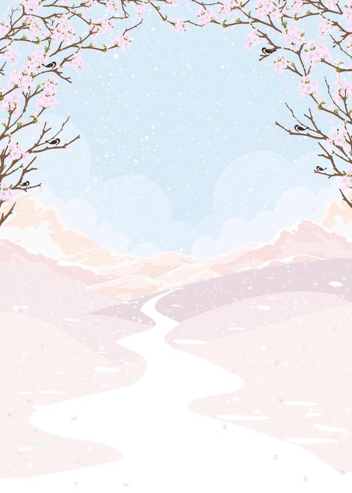 Christmas Background,Winter nature landscape with snow covered mountains, lake and pink cherry trees. vertical Winter wonderland, snow for Xmas and Happy New Year greeting card 2025 vector