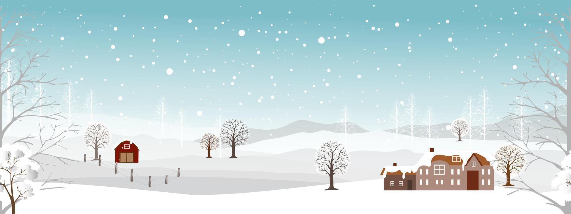 Christmas Seamless pattern,Winter Village landscape with snow banner for Xmas,New Year 2025,Blue Sky with Snowycovering in the park, horizon Winter wonderland forest nature vector