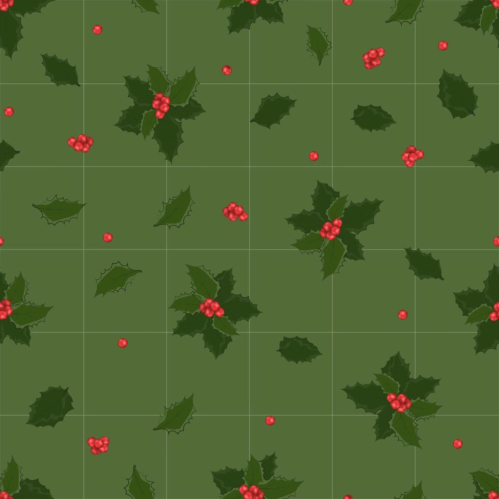 Christmas seamless background,Seamless Pattern Green leaves,red berries on white checkerboard texture,Christmas holly berry on green background background for wallpaper,textile,invitation,xmas card vector