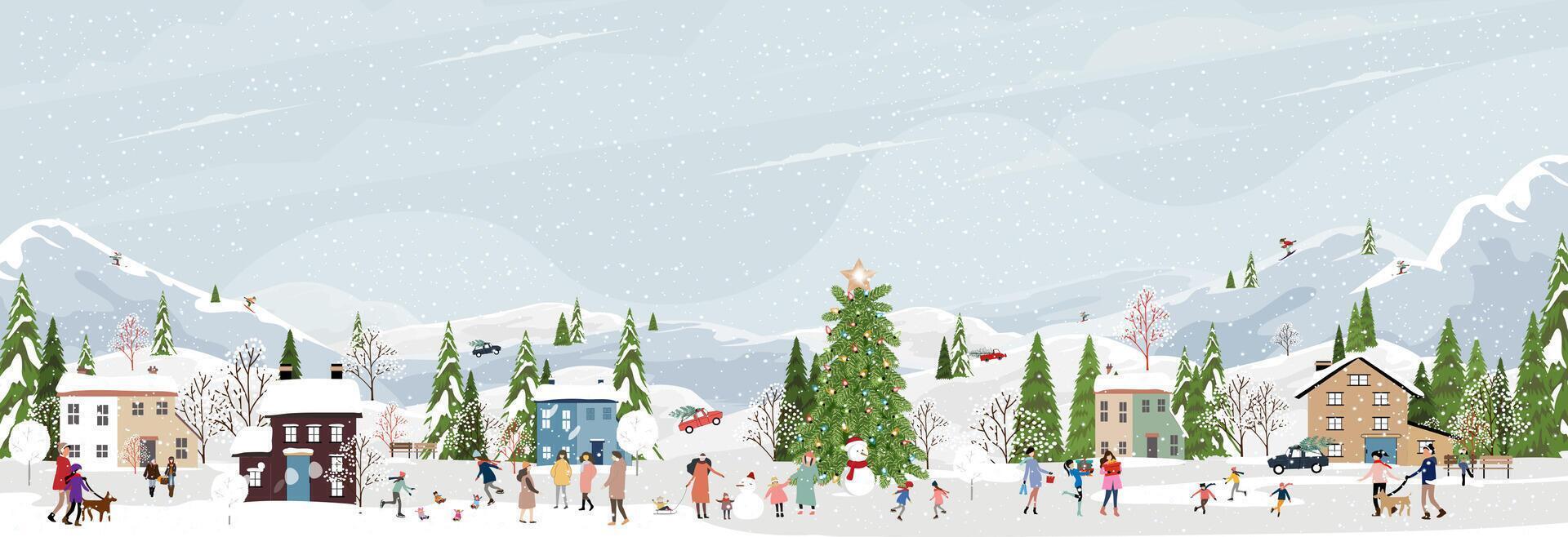 Christmas Background,Winter Village landscape blue sky with snowy people playing ice skate in city park celebrating on New Year, Xmas horizon banner nature winter wonderland forest tree vector