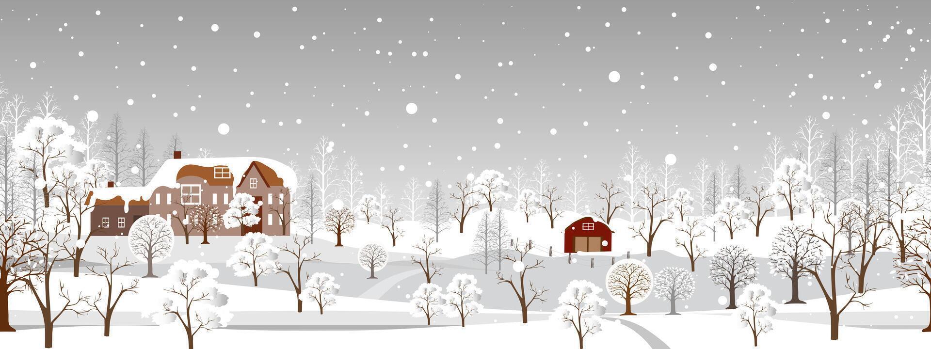 Christmas Background,Seamless pattern of Winter Village landscape with snow banner for Xmas,New Year 2025 card,Nature Night Sky with Snow covering tree in park, horizon Winter wonderland forest vector