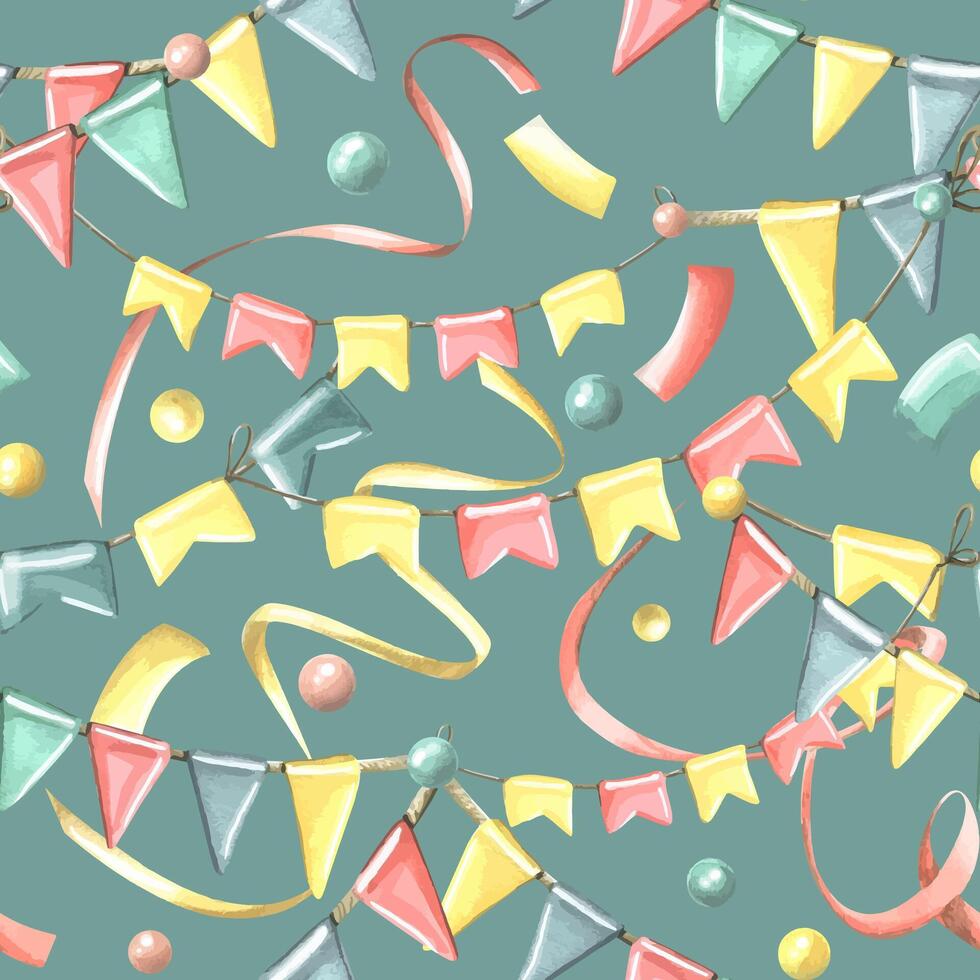 Hanging garlands with flags, confetti, ribbons and serpentine. Watercolor illustration, hand drawn. Seamless pattern festive for birthday on a turquoise background. vector