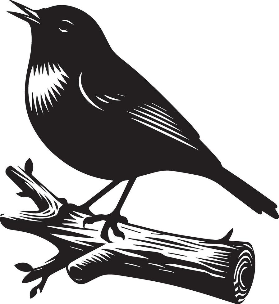 Black and white illustration of a bird perched on a branch. vector