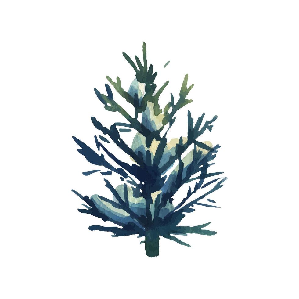 Tree evergreen fir with spreading branches on which lies white snow. Winter, forest watercolor illustration drawn by hand. Separate element isolated from background for Christmas, New Year and winter vector