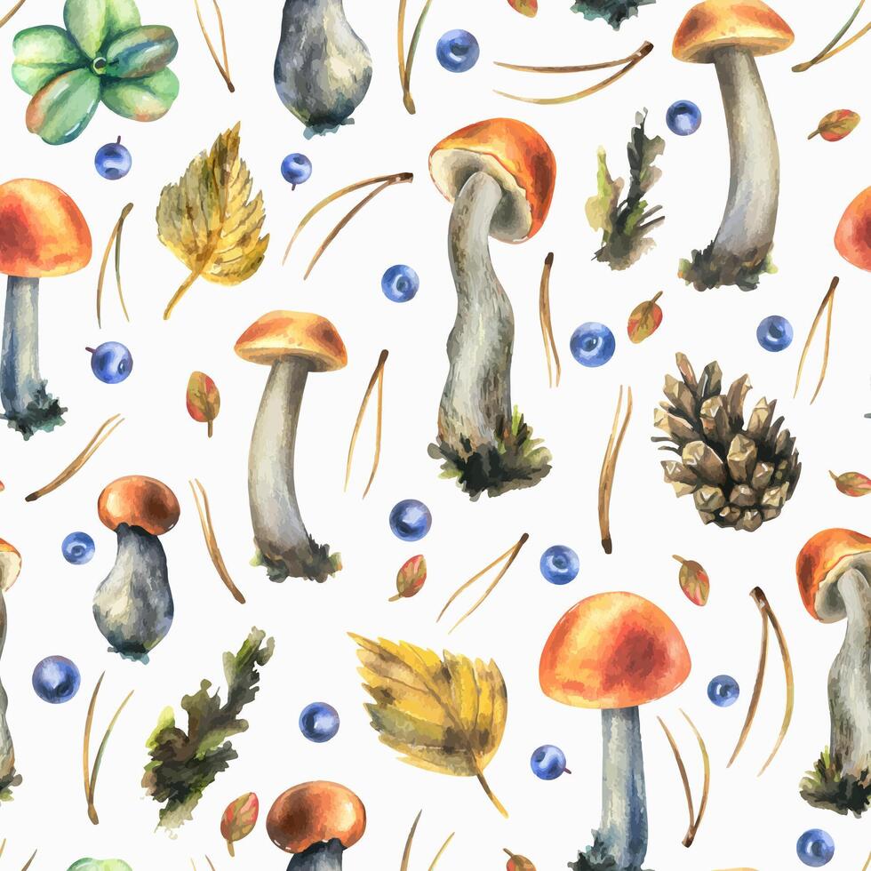 Forest edible boletus mushrooms with blueberries, cones, autumn leaves and twigs. Watercolor illustration, hand drawn. Seamless pattern on a white background vector
