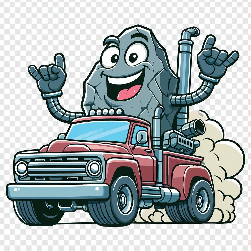 Cartoon truck with a smiley face and a rock on the back vector