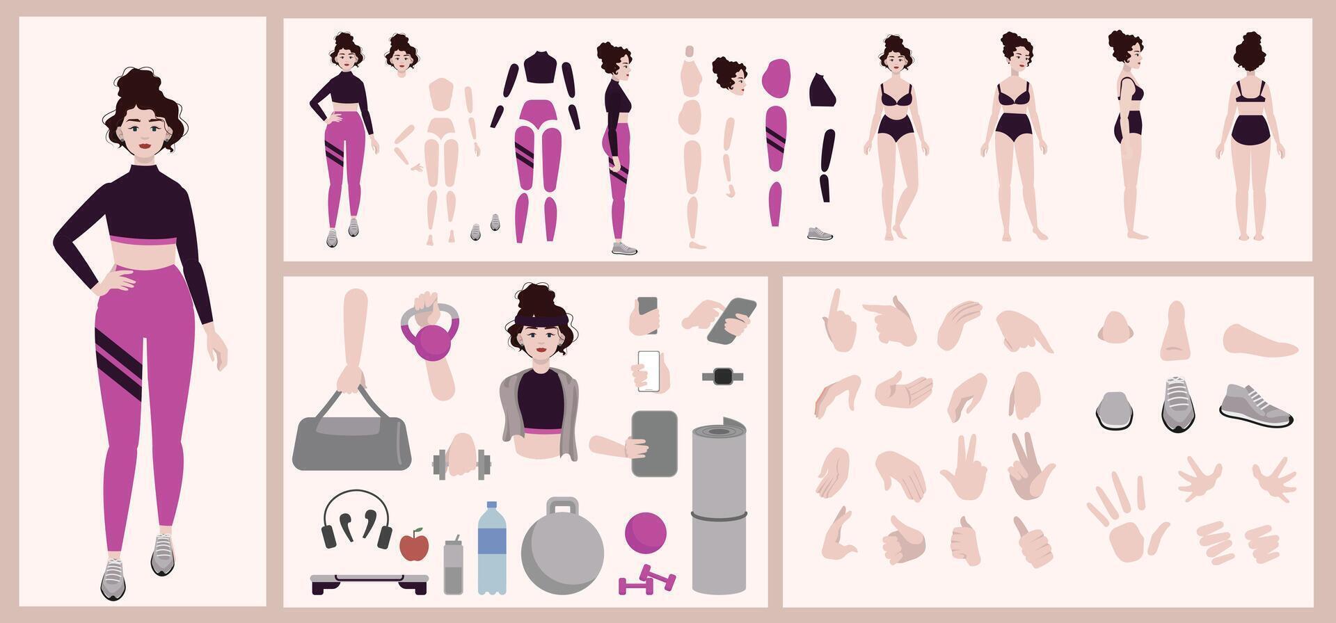 Fitness sport woman constructor suitable for animation. Generator of diverse eyes, lips, emotion expressions mouth animation and lip sync. Yoga woman character face and body construction. vector