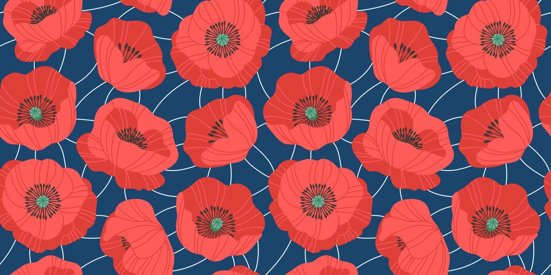 Seamless pattern, background of hand drawn red flowers. Poppies in doodle style. Trendy botanical illustration on dark background vector