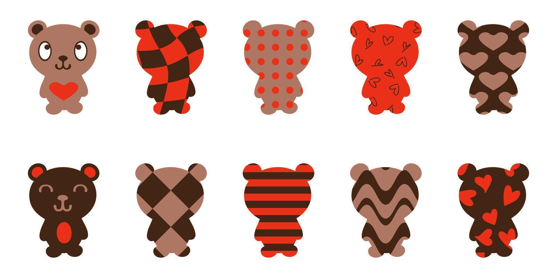 Valentines day clip art collection of chocolate teddy bears. Hand drawn isolated characters set. vector