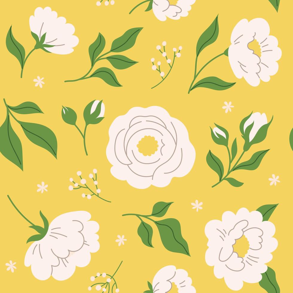Seamless pattern of delicate hand drawn flowers, leaves and branches in doodle style. Background. Trendy botanical illustration on yellow background vector