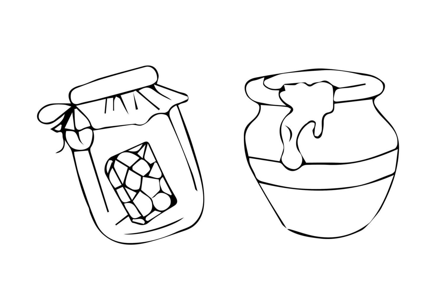 Honey pot with dripping honey and honeycomb in glass jar in doodle style. vector
