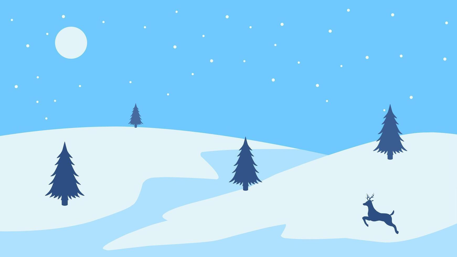 Landscape illustration of winter hill with pine trees and a deer vector