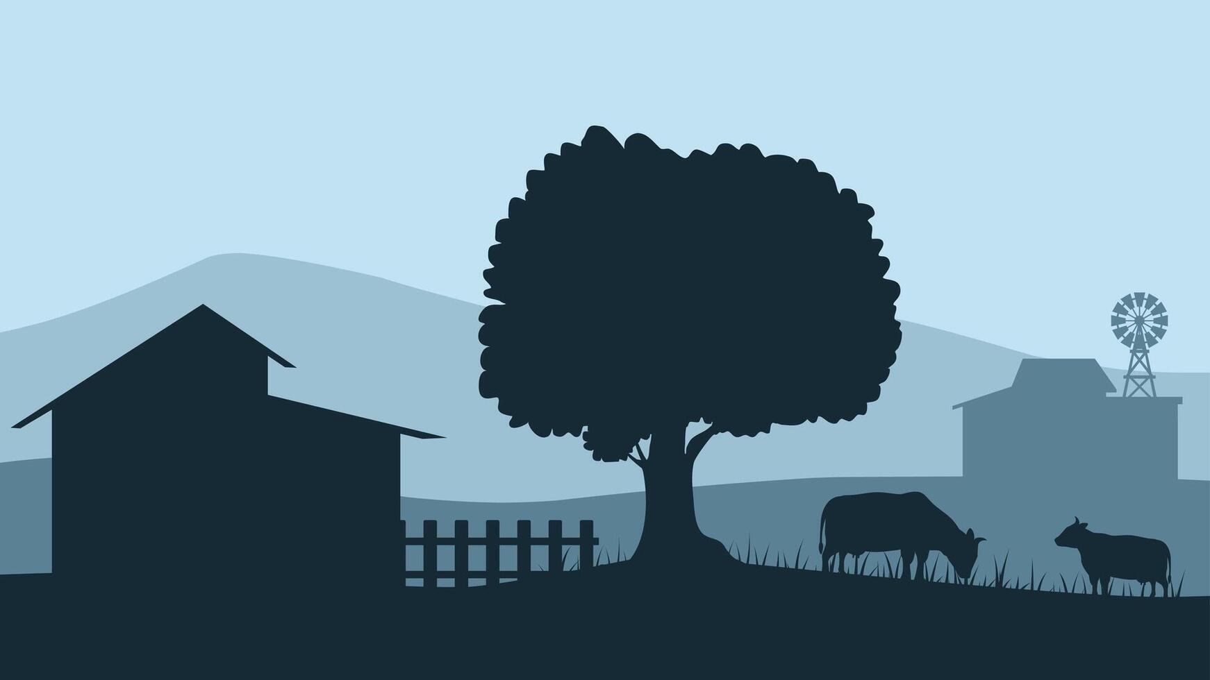 Landscape illustration of farm silhouette with cattle livestock vector