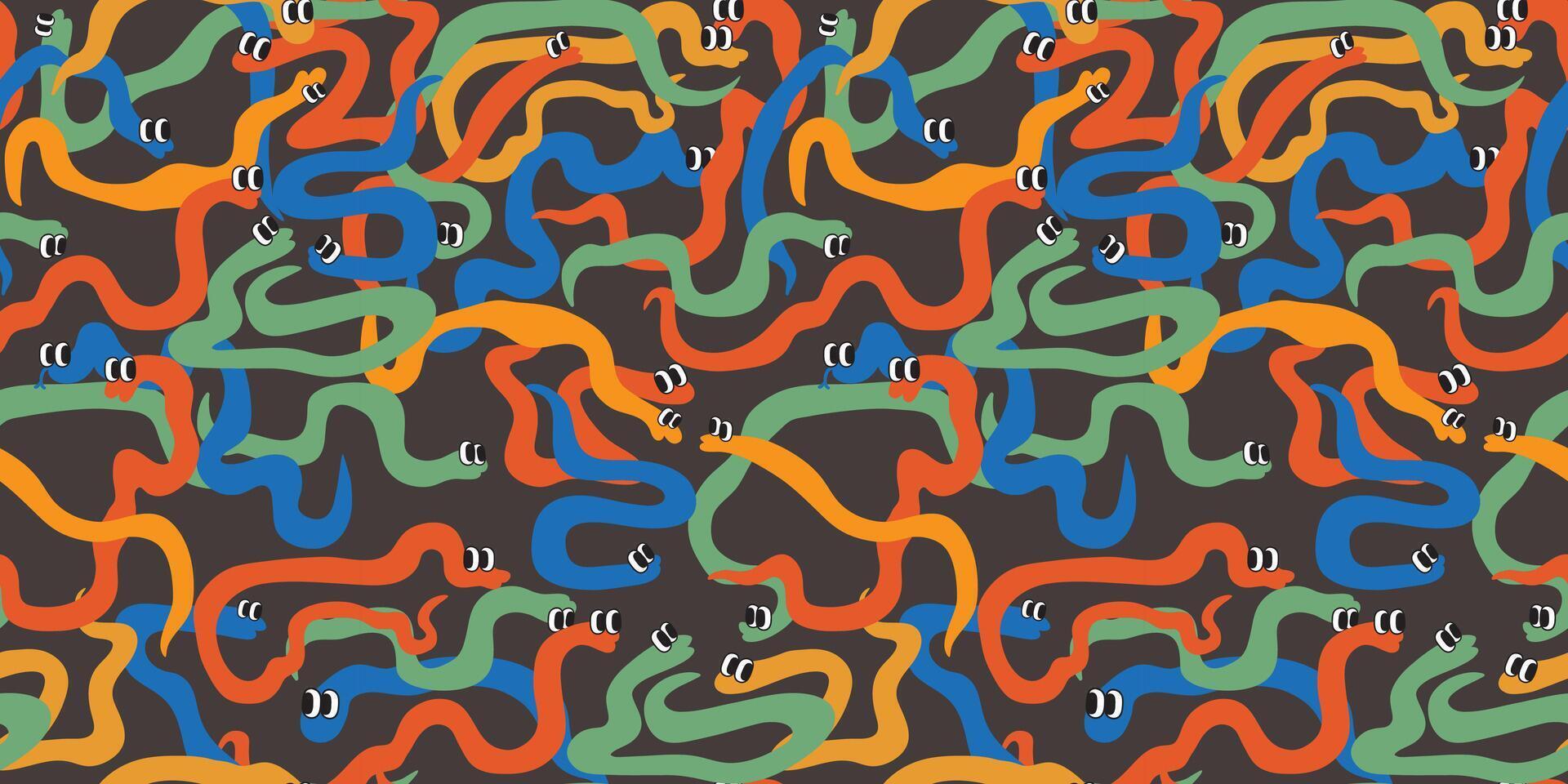 seamless pattern with snakes in doodle style on black background vector