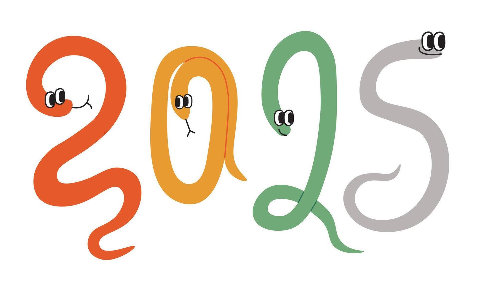 colored snakes in 2025 number forms in doodle style vector