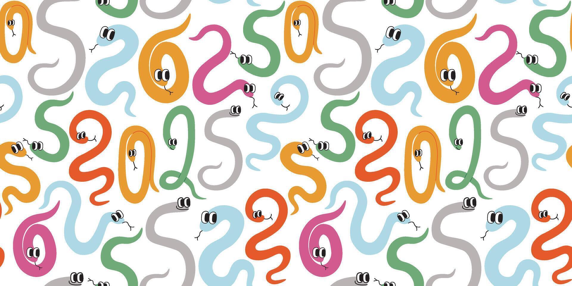 seamless pattern with snakes in 2025 number shapes in doodle style on white background vector