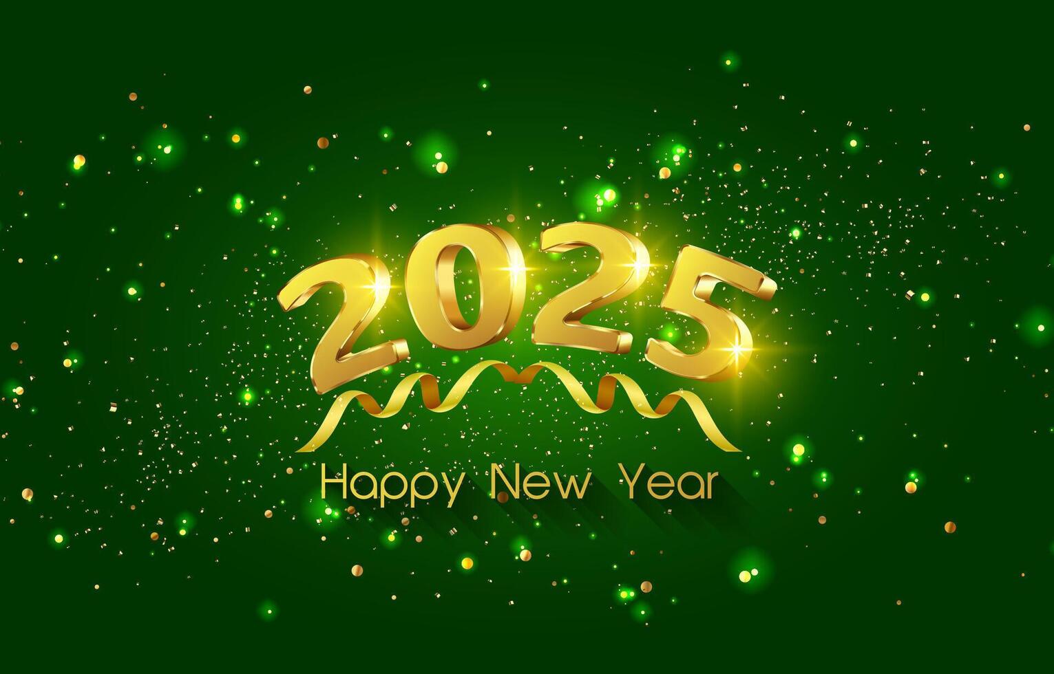2025 happy new year template banner with modern 3d text sparkle effect and beautiful luxury shiny ornament abstract gradient green background design vector