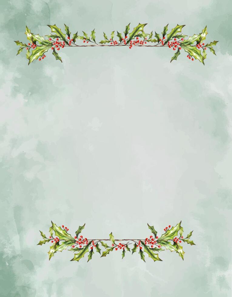 Watercolor Christmas green botanical frame, border with branches, leaves, red berries. New Year card template. Hand painted holiday composition of plants . Illustration for design, print, background. vector