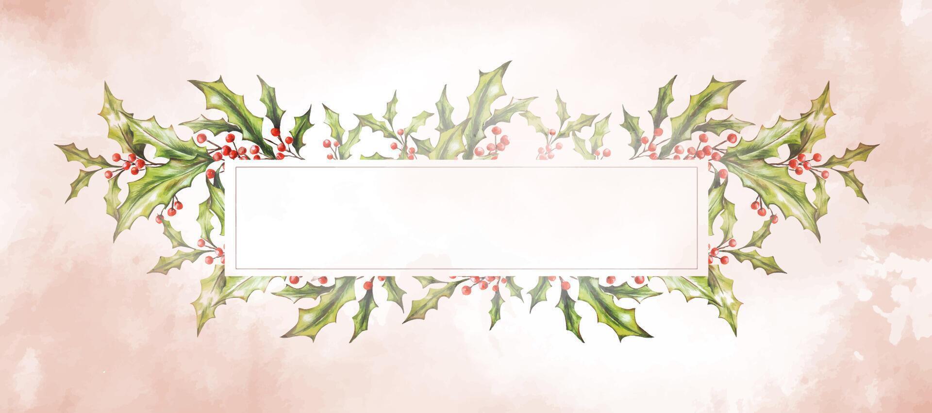 Watercolor Christmas horizontal botany frame, border, branches, leaves, red berries. New Year card template. Hand painted holiday composition of plants . Illustration for design, print, background. vector