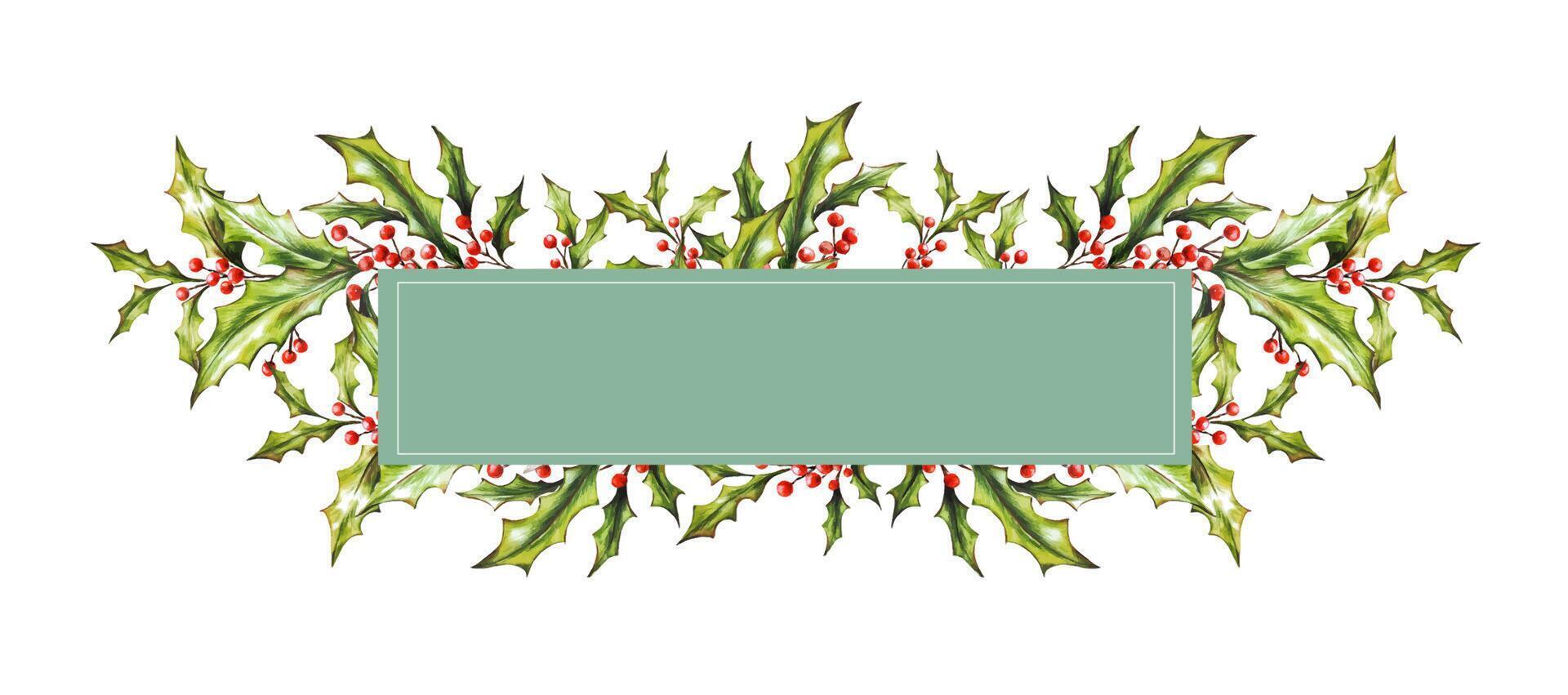 Watercolor Christmas botanical frame, border with branches, leaves, red berries. New Year card template. Hand painted holiday composition of plants . Illustration for design, print, background. vector
