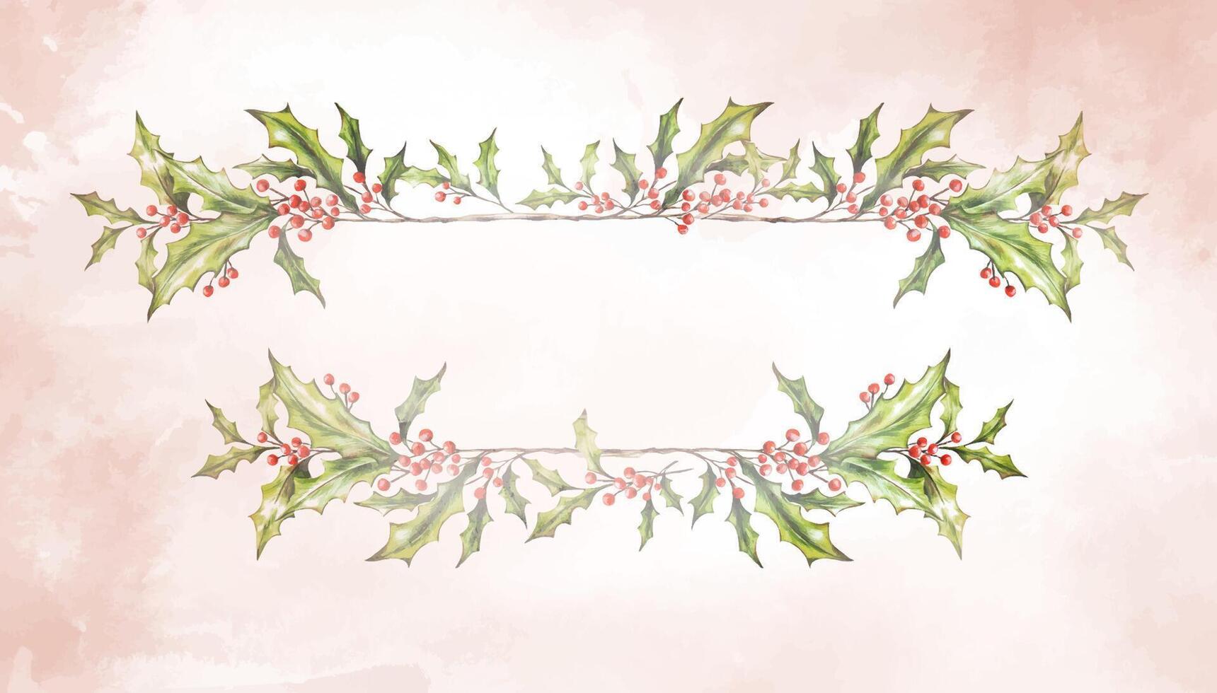 Watercolor Christmas text botanical frame, border with branches, leaves, red berries. New Year card template. Hand painted holiday composition of plants . Illustration for design, print, background. vector