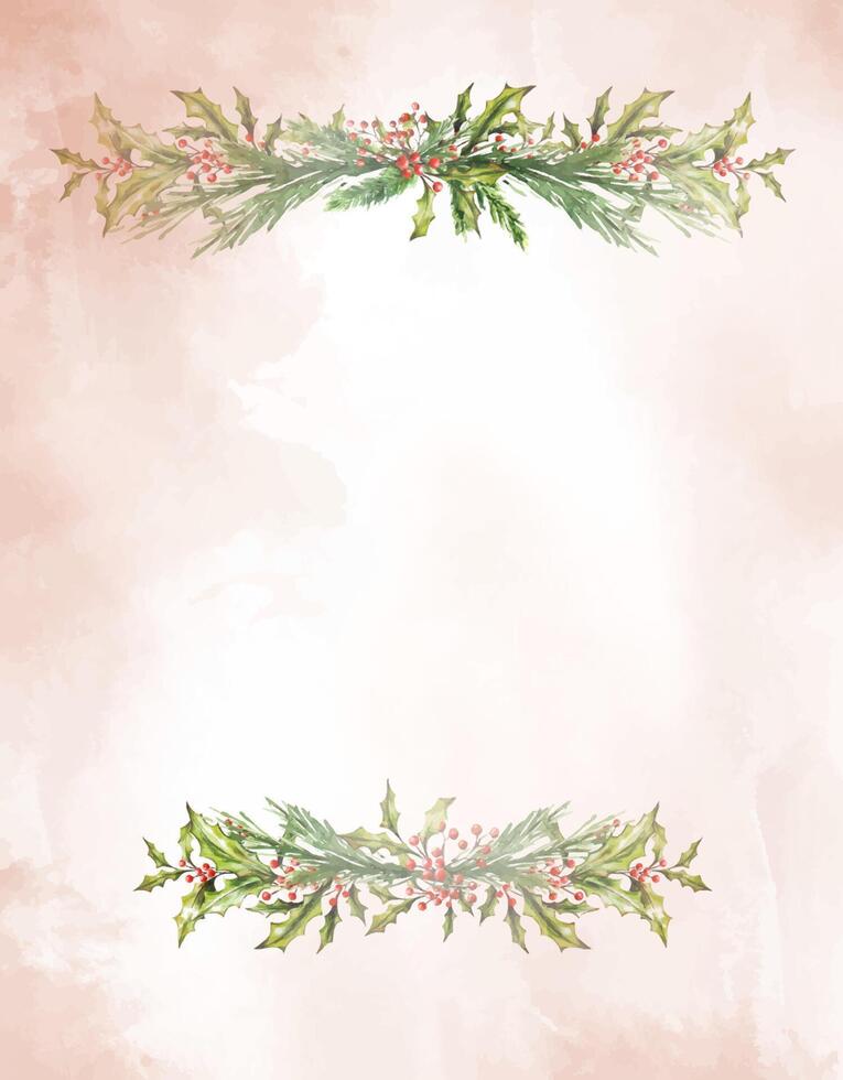 Watercolor Christmas peach pink botanical frame, border with branches, leaves, red berries. New Year card template. Hand painted composition of plants . Illustration for design, print, background. vector