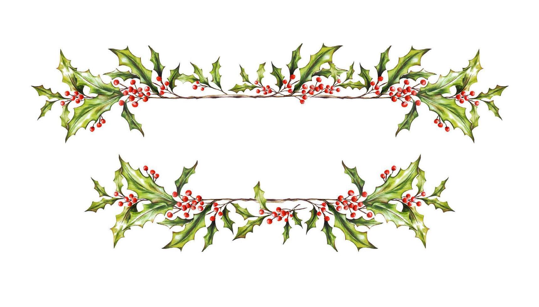 Watercolor Christmas isolated botany frame, border with branches, leaves, red berries. New Year card template. Hand painted holiday composition of plants . Illustration for design, print, background. vector