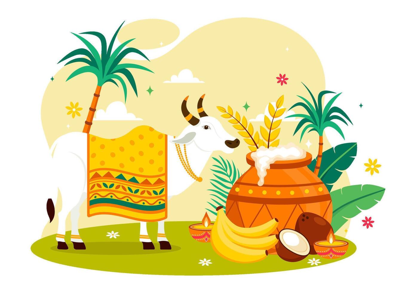 Pongal Festival Celebration Art with Tamil Nadu Traditions and Festive Props in a Flat Background vector
