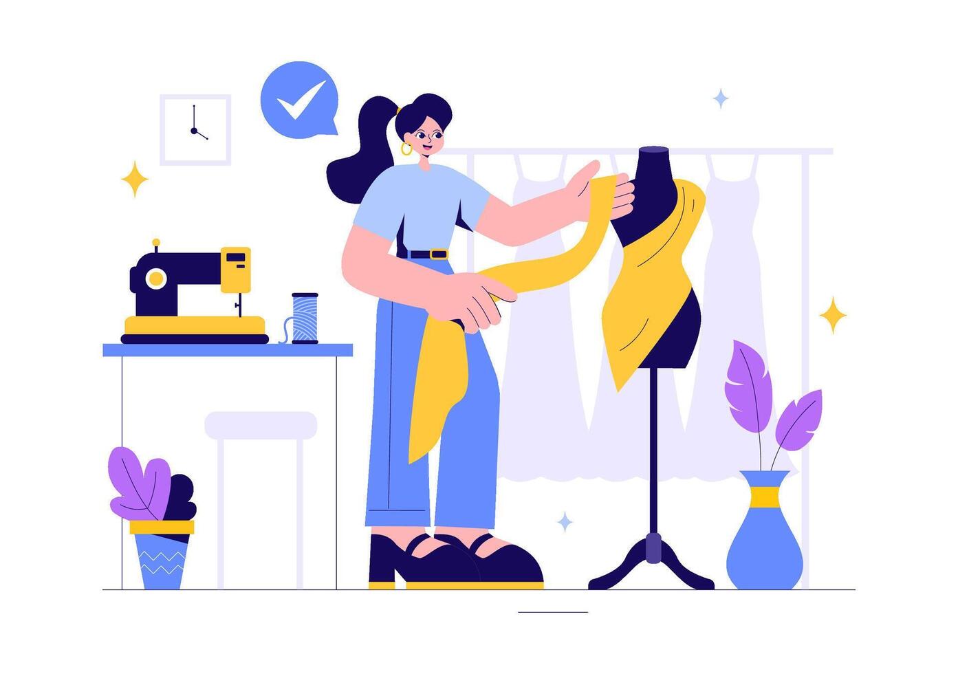 Sewing Workshop Illustration Featuring a Fashion Designer and Dressmaker in a Flat Style vector