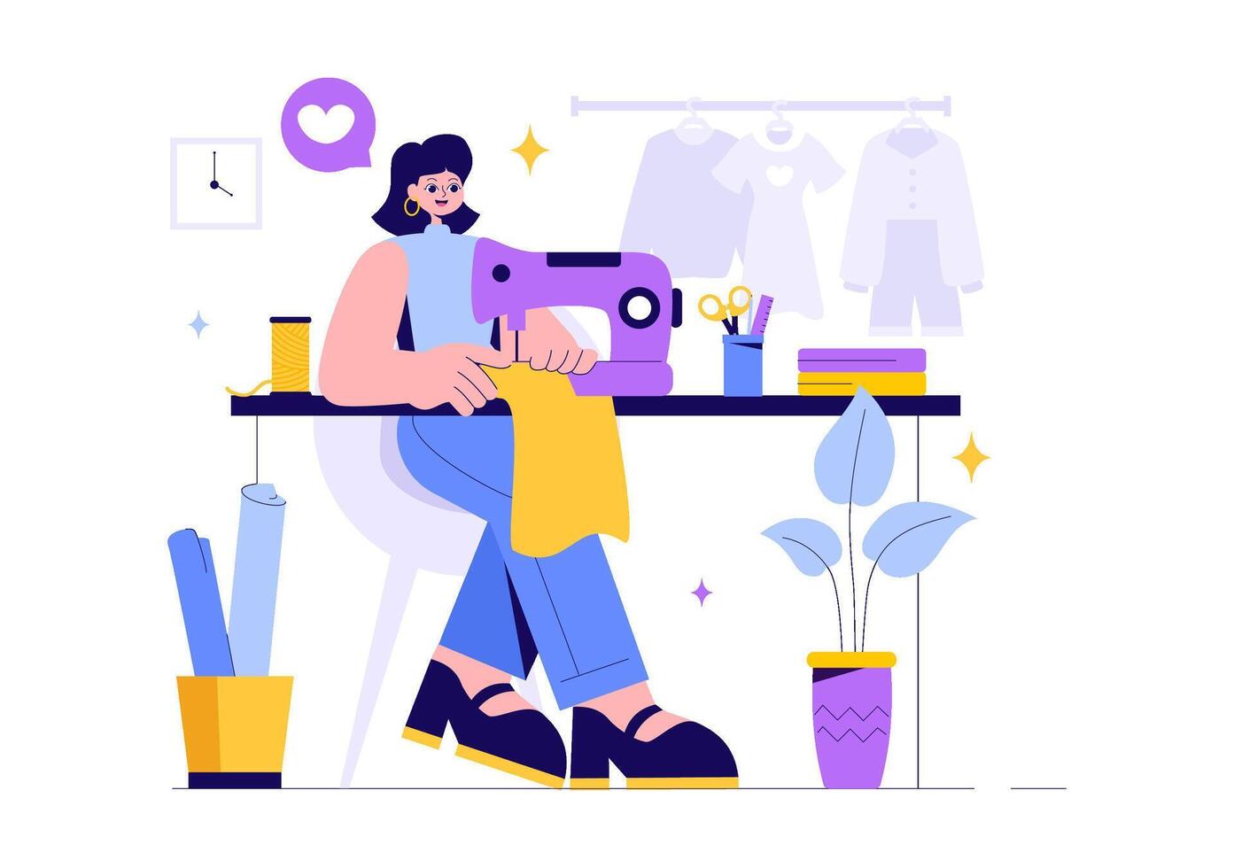 Fashion Sewing Illustration with a Seamstress Working in a Tailor Shop in Flat Style Background vector