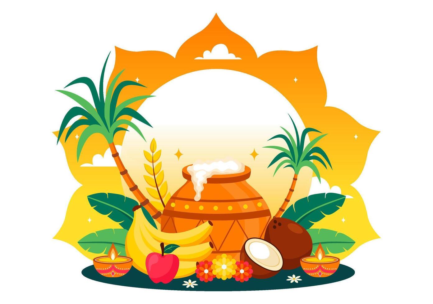 Happy Pongal Celebration Illustration Featuring Traditional Tamil Nadu Festival Props and Sugarcane in Flat Style Background vector
