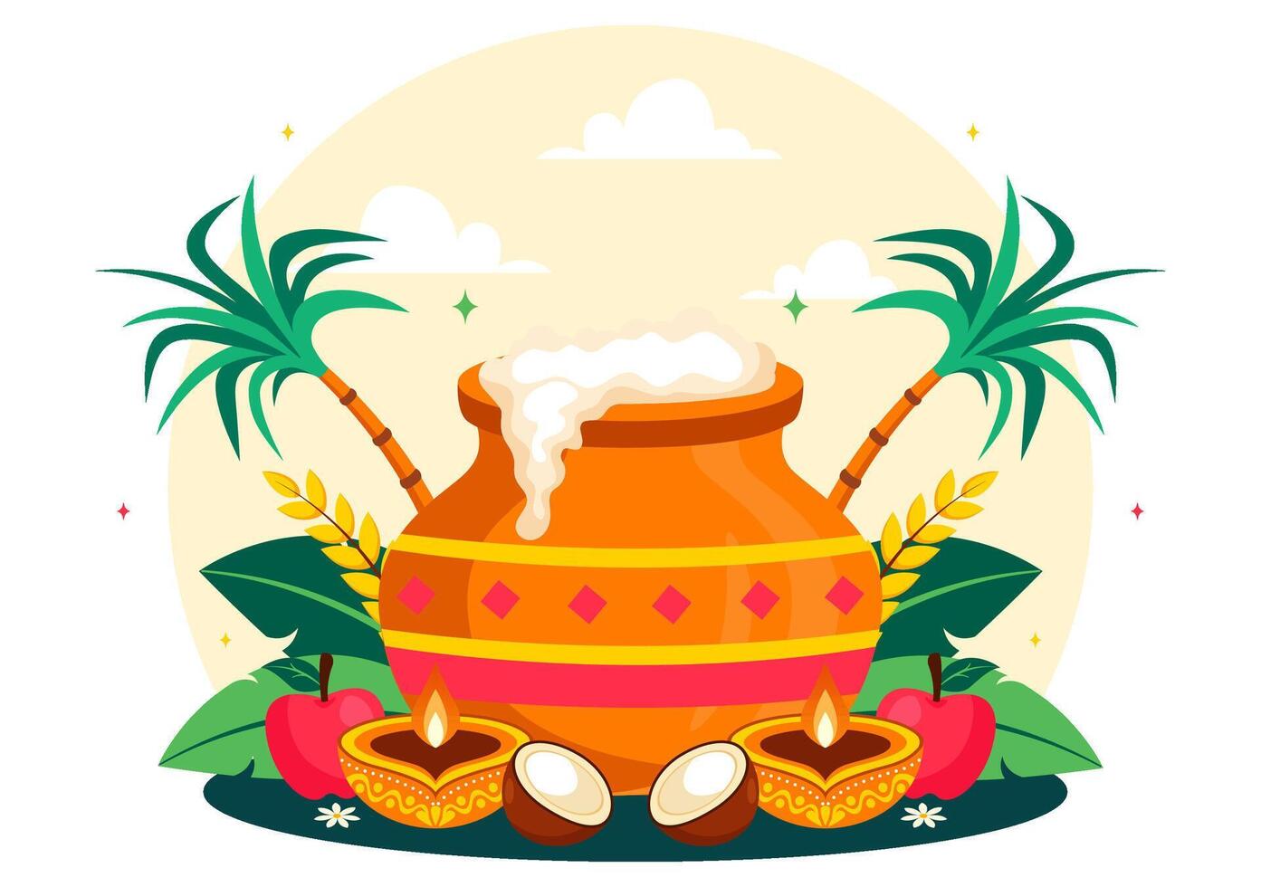 Flat Style Illustration of Pongal Festival Featuring Sugarcane and Traditional Props vector