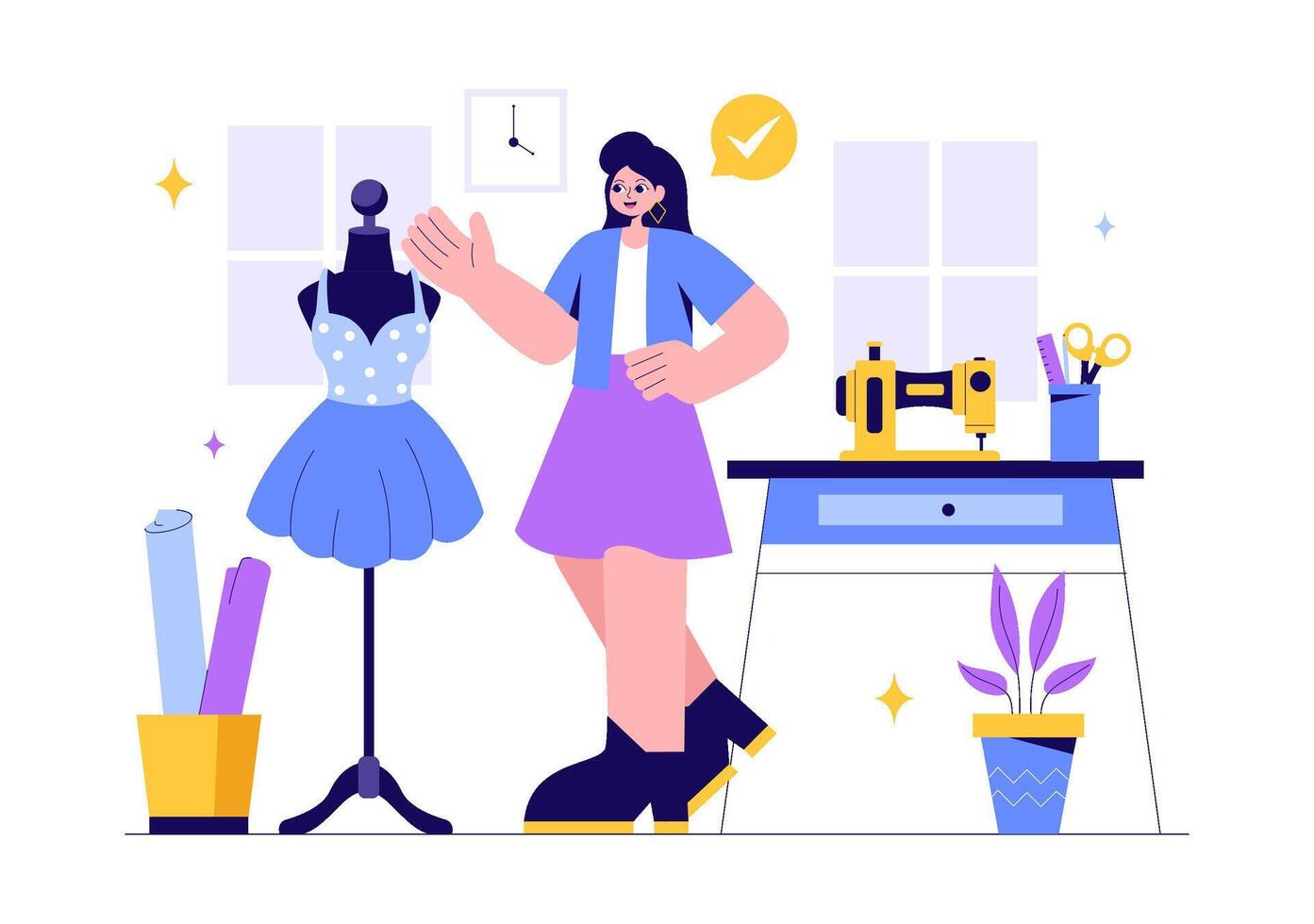 Tailor Illustration Featuring a Seamstress Sewing Clothes and Designing Garments in Flat Style vector
