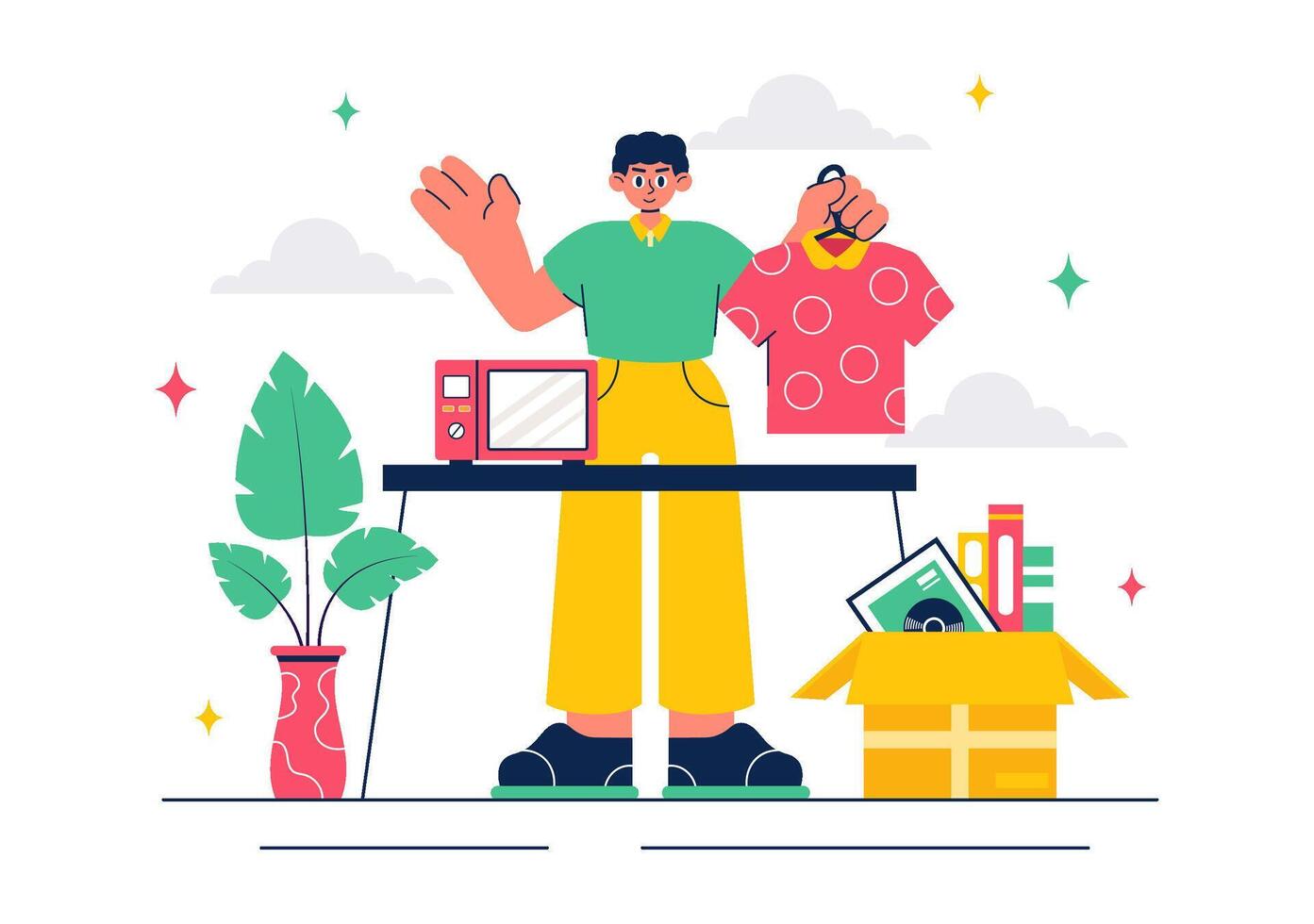 Flat Style Flea Market with Antique Shops, Customers, and Friendly Sellers vector