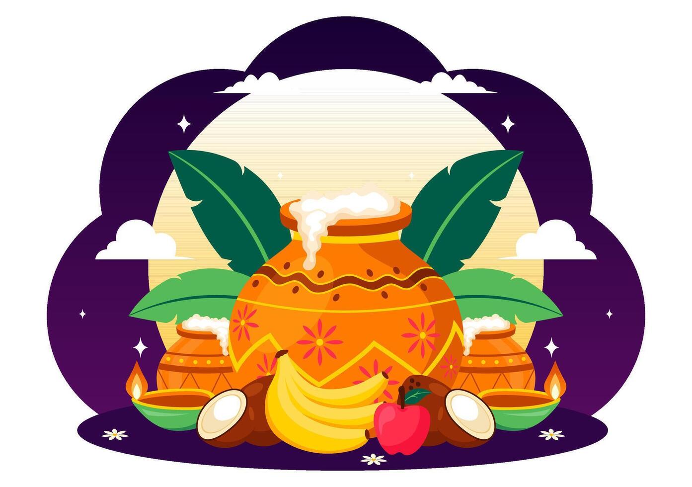Happy Pongal Illustration Highlighting Sugarcane and Traditional Festival Elements vector