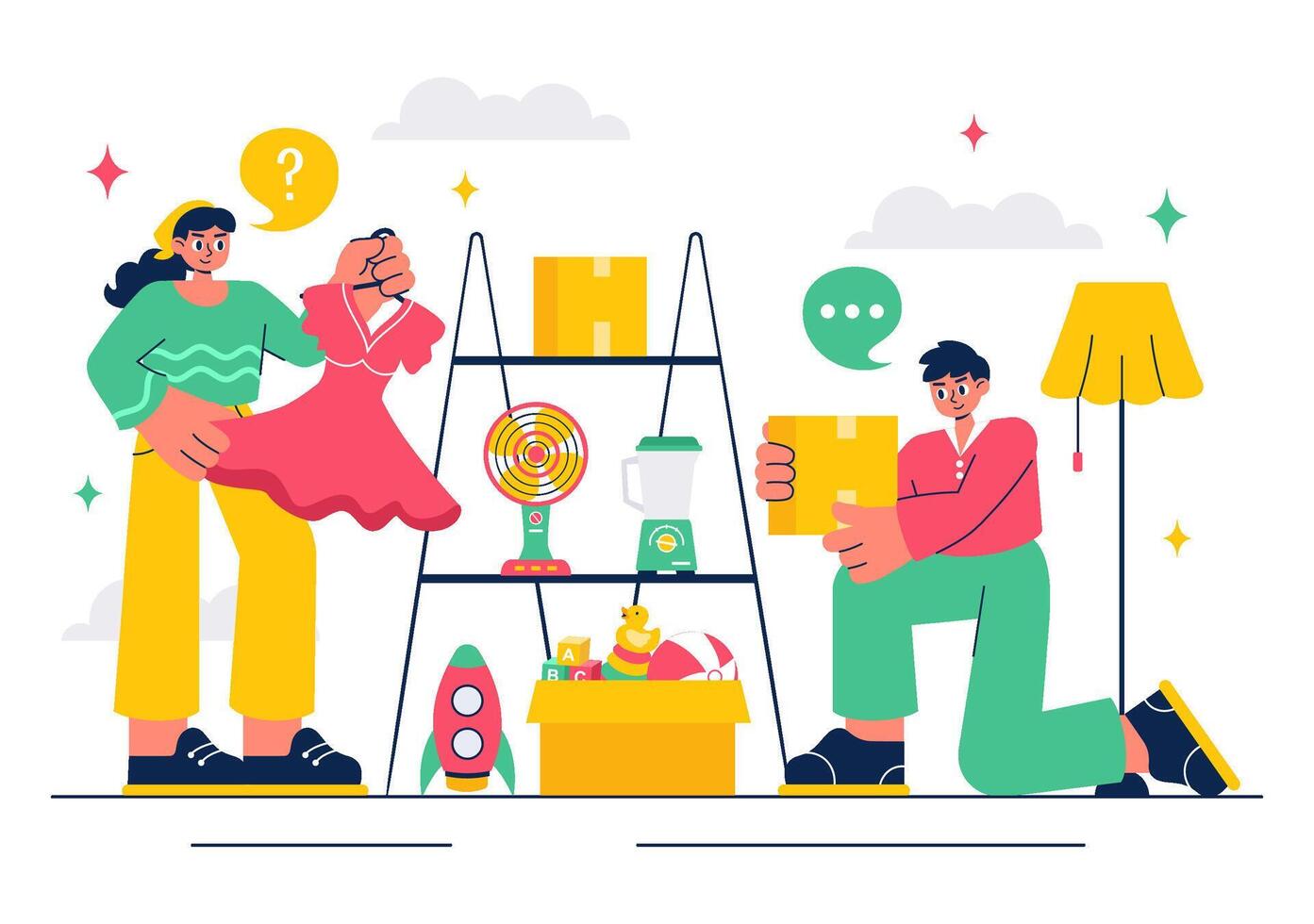Second-Hand Shop Illustration Featuring Vendors, Shoppers, and Local Markets vector