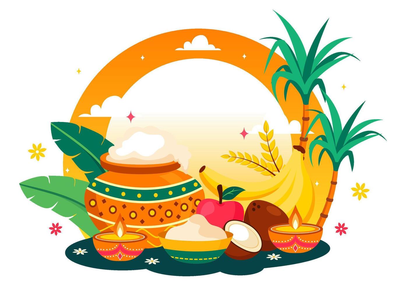 Traditional Pongal Festival Illustration with Sugarcane and Religious Props in a Flat Cartoon Background vector