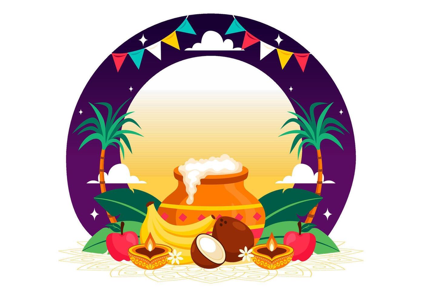 Tamil Nadu Pongal Celebration Art with Sugarcane and Festive Props in a Flat Style vector