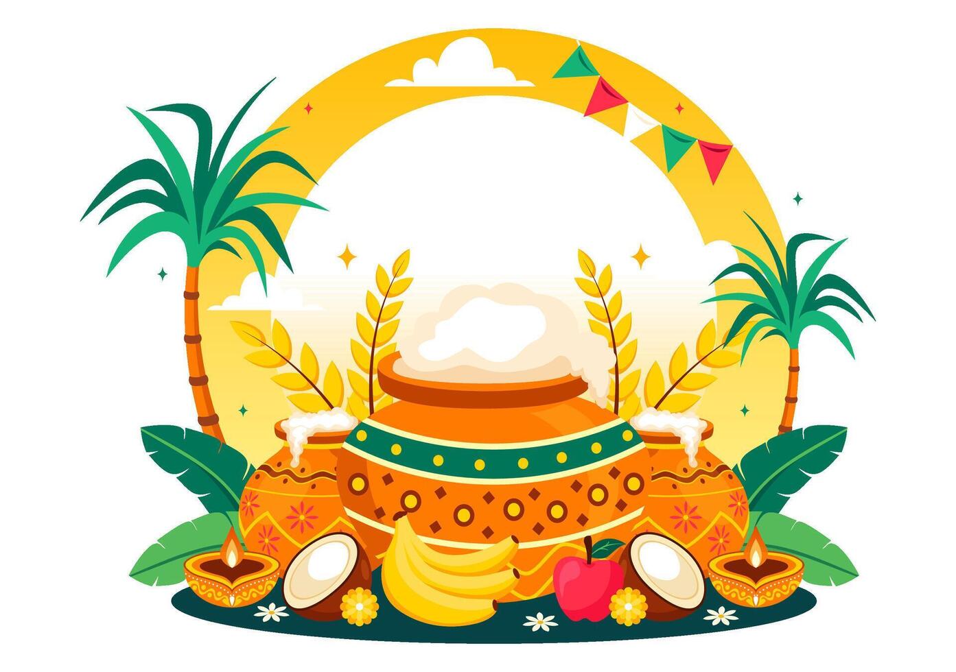 Happy Pongal Festival Design Showcasing Tamil Nadu Traditions and Religious Items vector