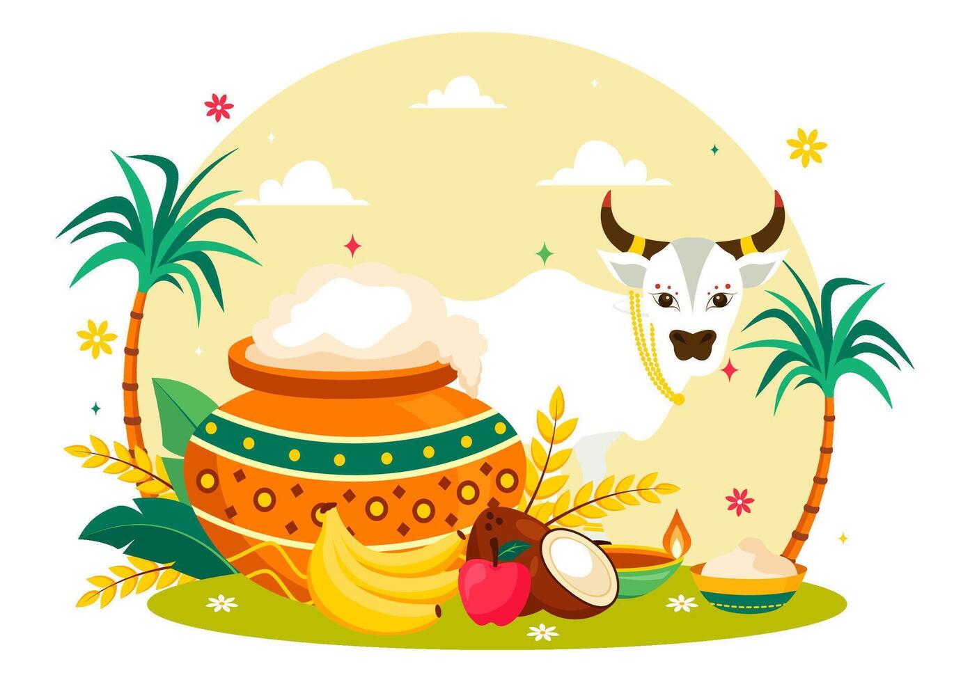 Pongal Celebration Art Featuring Tamil Nadu Traditions and Religious Props vector
