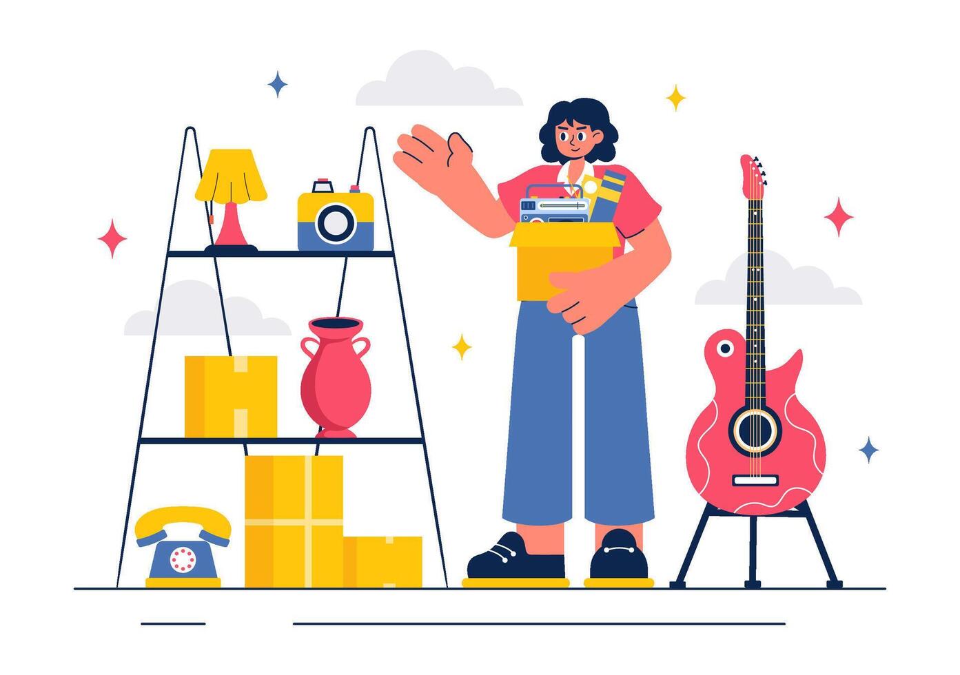 Swap Meet and Flea Market Illustration with Colorful Booths and Happy Buyers vector