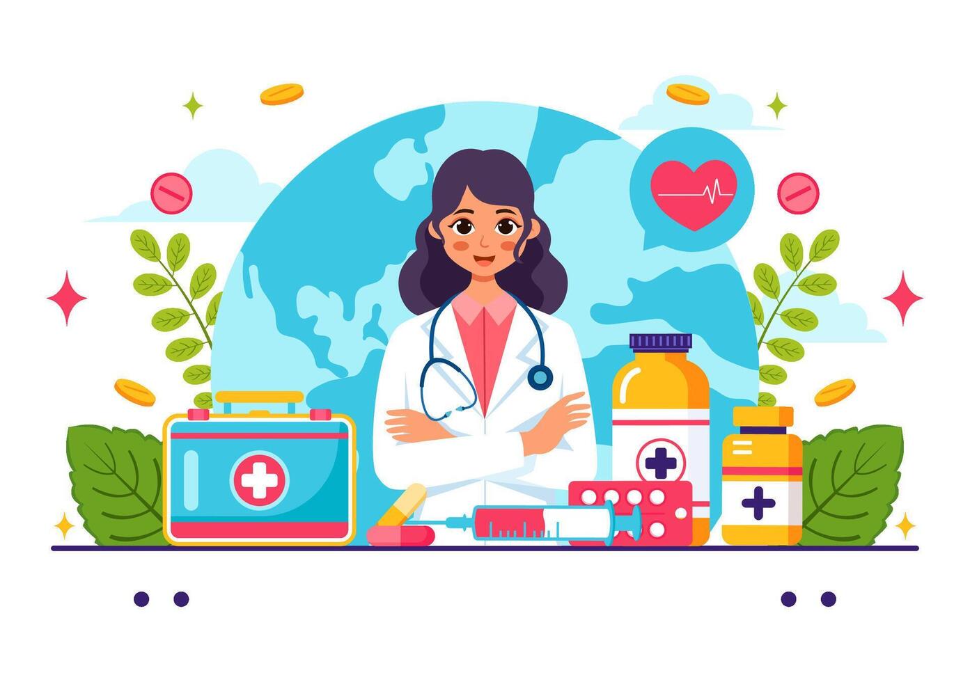Cartoon Flat Illustration for Pharmacists Day Featuring a Doctor and Medical Supplies vector