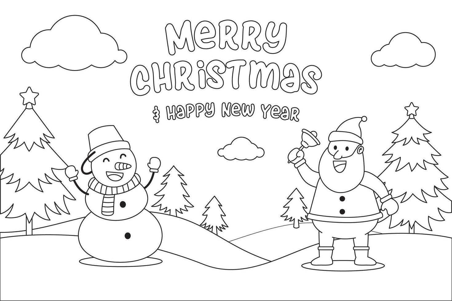 Coloring Page Snowman and Santa Say Hi In Christmas Night vector