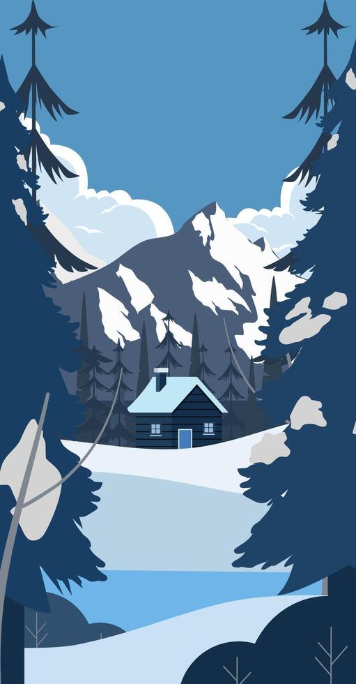 Winter landscape with cabin in the snow vector